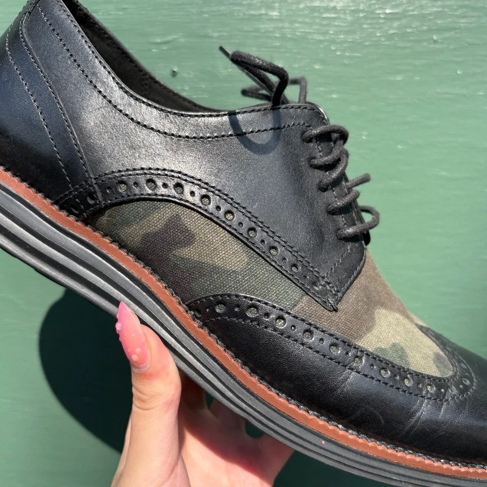 Cole Haan Grand.OS Mens Black Leather Camo Canvas Wingtip Oxford Shoes C23769 9